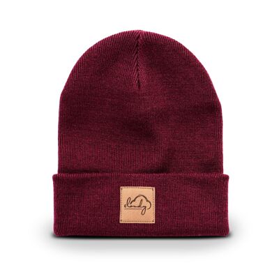 Beanie "cloudy" burgundy/ leather patch