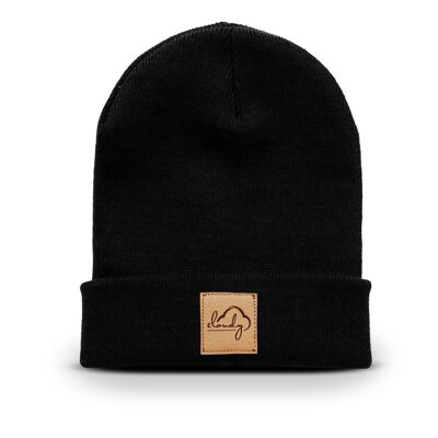 Beanie "cloudy" black/ leather patch