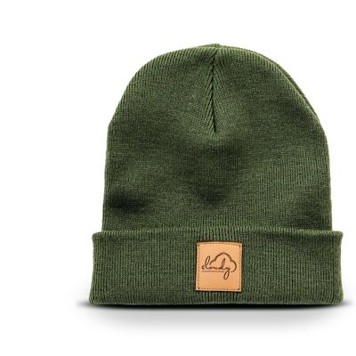 Beanie "cloudy" olive green/ leather patch
