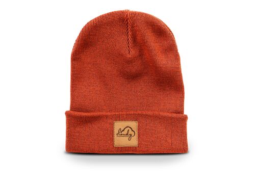 Beanie "cloudy" rusty orange/ leather patch