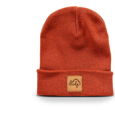 Beanie "cloudy" rusty orange/ leather patch