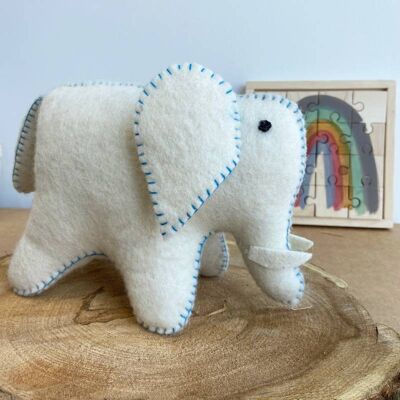 White and blue elephant in felted wool - PAPOOSE TOYS