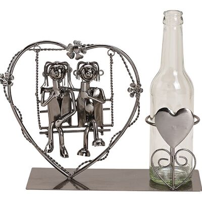 Flaschenhalter für Bierflasche Paar sitzend auf Herzschaukel aus Metall Schwarz (B/H/T) 29x21x9cm