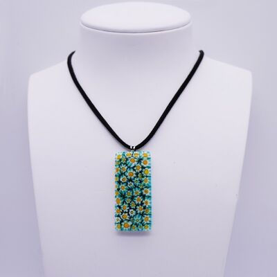 Murano necklace. Rectangle pendant in green, white, yellow MURRINE.