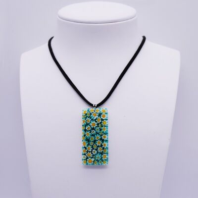 Collana di Murano. Pendente rettangolo in verde, bianco, giallo MURRINE.
