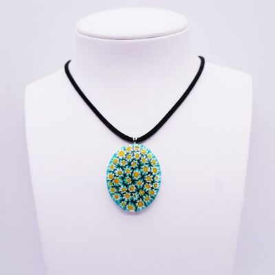 Murano necklace. Oval pendant in green, white and yellow MURRINE