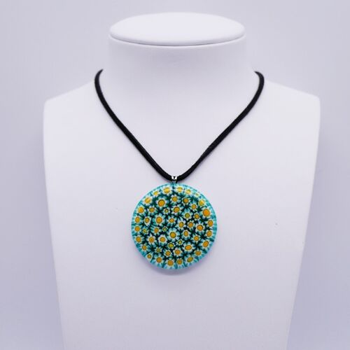 collier en verre de Murano en murrine rond diamètre 42 mm vert blanc jaune