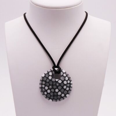 Murano glass necklace in curved matte black gray and white murrine