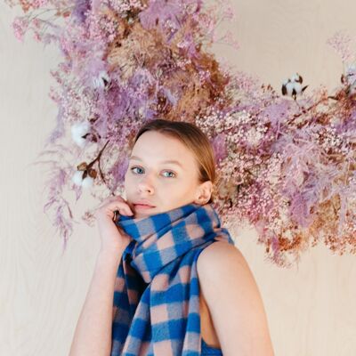 Lambswool Oversized Scarf in Cobalt Gingham