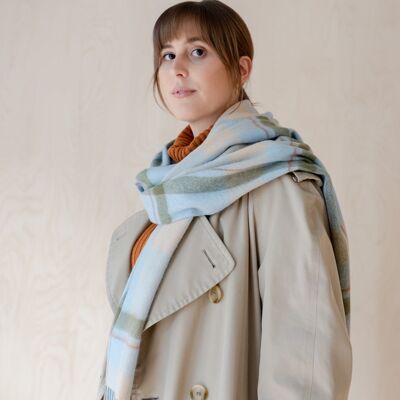 Lambswool Oversized Scarf in Sky Modern Check