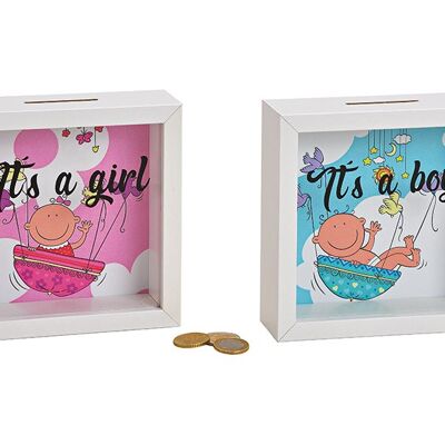 Spardose Baby, Its a girl, Its a boy aus Holz, Glas Pink/Rosa, blau 2-fach, (B/H/T) 15x15x5cm