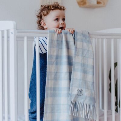 Super Soft Lambswool Baby Blanket in Powder Blue Check