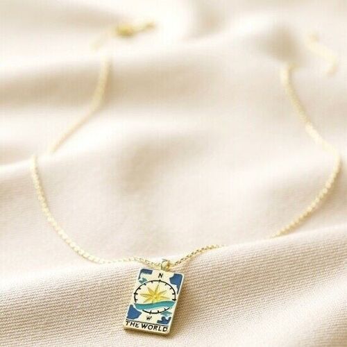 Enamel The World Tarot Card Necklace in Gold