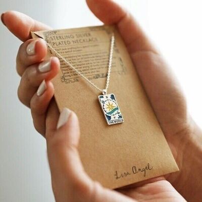 Enamel The World Tarot Card Necklace in Silver