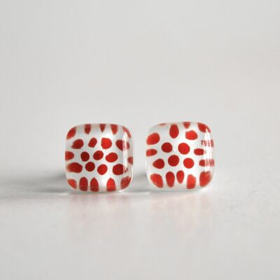 Recycled glass and 925 silver red polka dot earrings