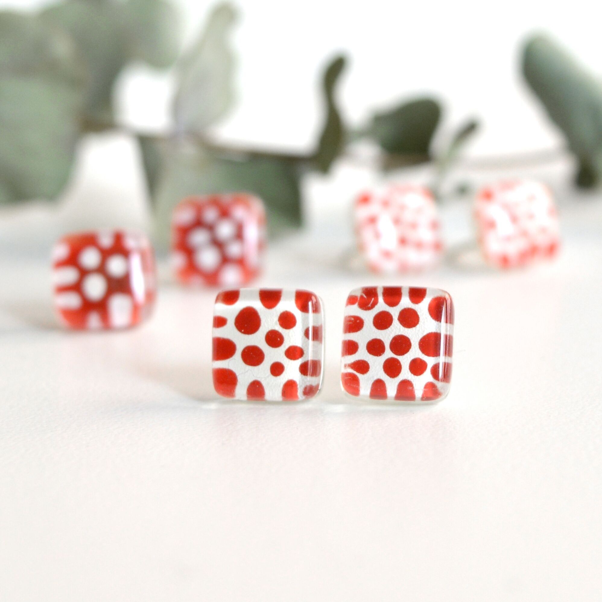 Recycled glass and 925 silver red polka dot earrings