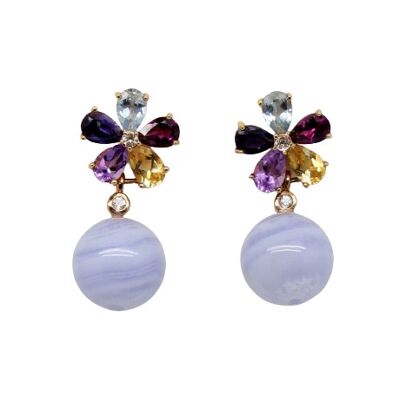 Detachable Flower earrings with Amethysts, Blue Topaz, Citrines, Iolite and Rhodolite