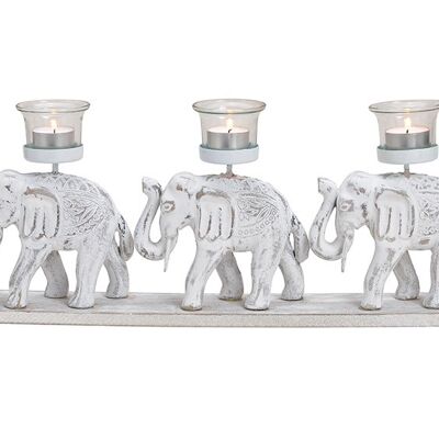 Teelichthalter Elefant 3er  aus Holz, Glas Weiß (B/H/T) 48x20x7cm