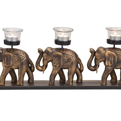 Teelichthalter Elefant 3er  aus Holz, Glas Schwarz gold (B/H/T) 48x20x7cm