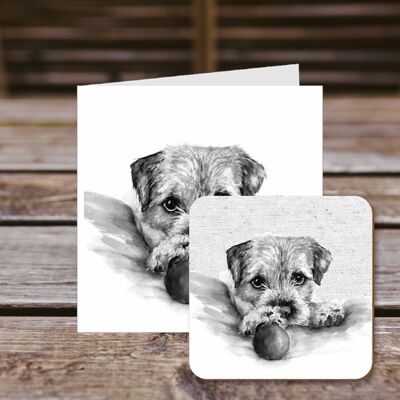 Coaster greetings card, Murray, Border Terrier, 100% Recycled greetings card with quality gloss drinks coaster.