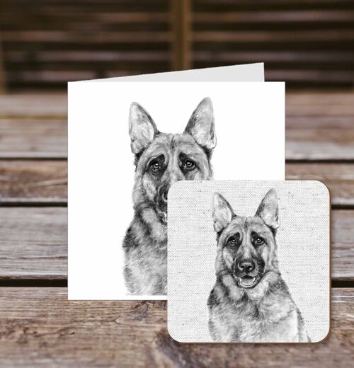 Coaster greetings card,Alex, German Shepherd Dog, 100% Recycled greetings card with quality gloss drinks coaster.