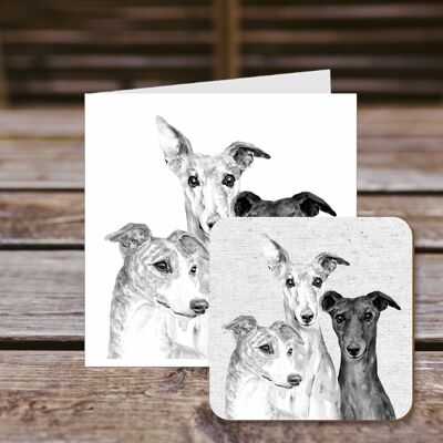 Coaster greetings card, 3 Whippets, 100% Recycled greetings card with quality gloss drinks coaster.
