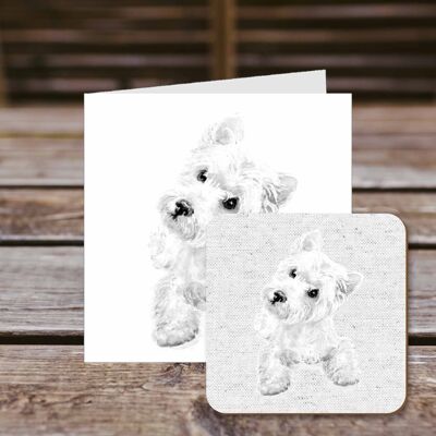 Coaster greetings card, Archie, West Highland Terrier, 100% Recycled greetings card with quality gloss drinks coaster.
