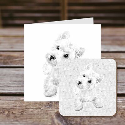 Coaster greetings card, Archie, West Highland Terrier, 100% Recycled greetings card with quality gloss drinks coaster.