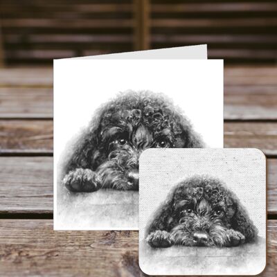 Coaster greetings card, Arnie, Cavapoo/Cockapoo, 100% Recycled greetings card with quality gloss drinks coaster.
