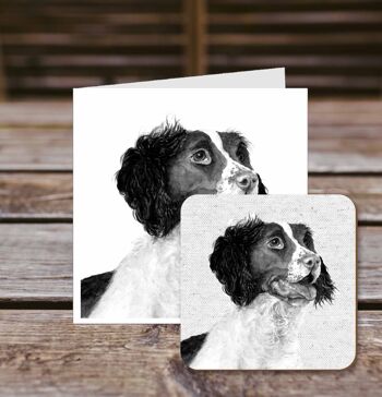 Carte de vœux sous-verre, Barnaby, Springer Spaniel, carte de vœux 100 % recyclée avec dessous de verre brillant de qualité. 1