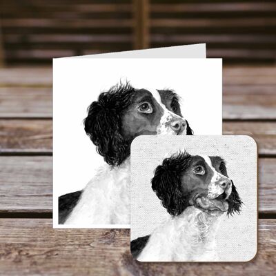 Carte de vœux sous-verre, Barnaby, Springer Spaniel, carte de vœux 100 % recyclée avec dessous de verre brillant de qualité.