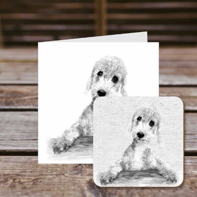 Coaster greetings card,Benny, Bedlington Terrier, 100% Recycled greetings card with quality gloss drinks coaster.