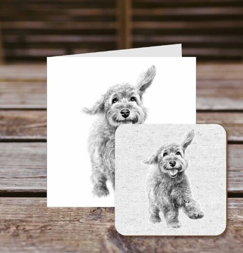 Coaster greetings card, Chris, Cockapoo, 100% Recycled greetings card with quality gloss drinks coaster.