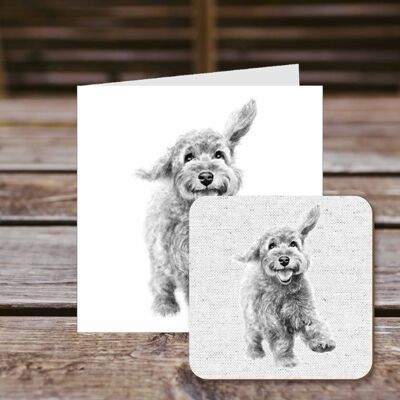 Coaster greetings card, Chris, Cockapoo, 100% Recycled greetings card with quality gloss drinks coaster.