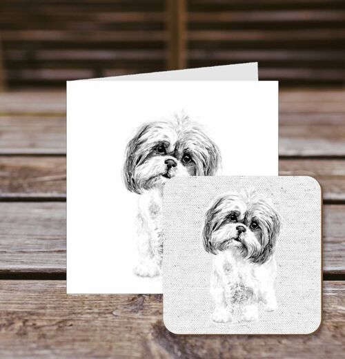 Coaster greetings card, Bubbles, Shih Tzu, 100% Recycled greetings card with quality gloss drinks coaster.