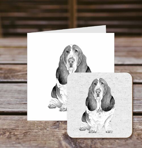 Coaster greetings card, Colin, Basset Hound, 100% Recycled greetings card with quality gloss drinks coaster.