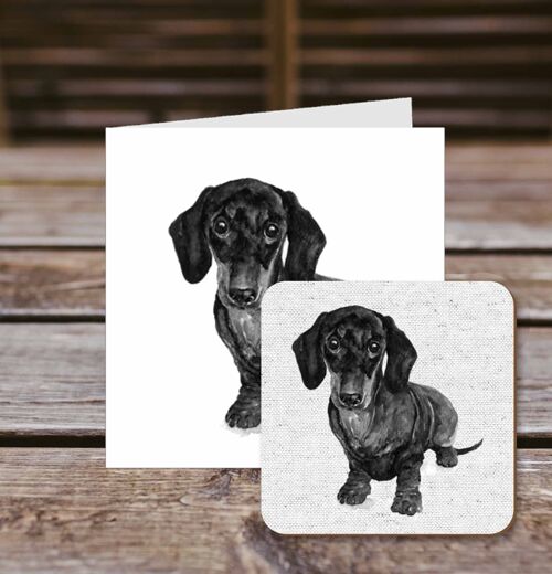 Coaster greetings card, Danny, Dachshund, 100% Recycled greetings card with quality gloss drinks coaster.