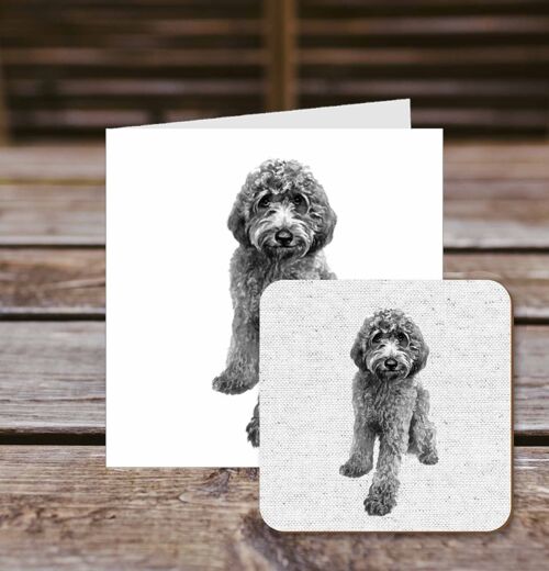 Coaster greetings card, Douglas, Labradoodle, 100% Recycled greetings card with quality gloss drinks coaster.