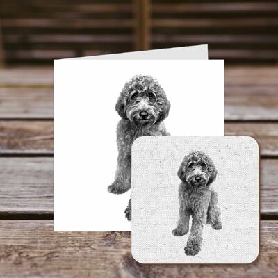 Coaster greetings card, Douglas, Labradoodle, 100% Recycled greetings card with quality gloss drinks coaster.