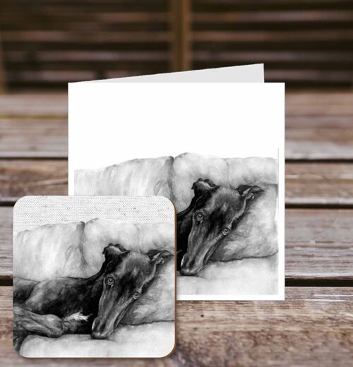Coaster greetings card, Ebony, Whippet / Greyhound, 100% Recycled greetings card with quality gloss drinks coaster.