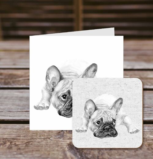 Coaster greetings card, Gus, French Bulldog, 100% Recycled greetings card with quality gloss drinks coaster.