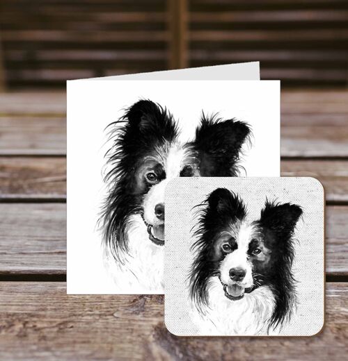 Coaster greetings card, Howard, Border Collie, 100% Recycled greetings card with quality gloss drinks coaster.