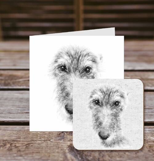 Coaster greetings card, Larry, Lurcher, 100% Recycled greetings card with quality gloss drinks coaster.