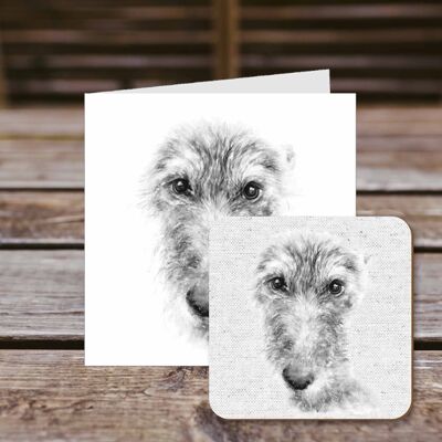 Coaster greetings card, Larry, Lurcher, 100% Recycled greetings card with quality gloss drinks coaster.