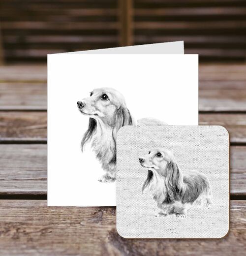 Coaster greetings card, Lily, Dachshund, 100% Recycled greetings card with quality gloss drinks coaster.