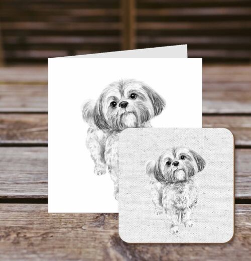 Coaster greetings card, Molly, Lhasa Apso, 100% Recycled greetings card with quality gloss drinks coaster.