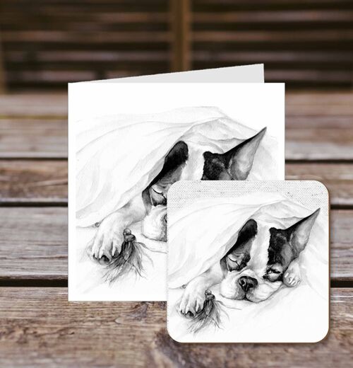 Coaster greetings card, Olive, Boston Terrier, 100% Recycled greetings card with quality gloss drinks coaster.