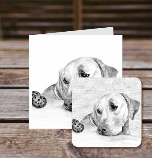Coaster greetings card, Poppy, Labrador, 100% Recycled greetings card with quality gloss drinks coaster.