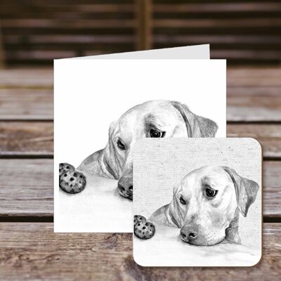 Coaster greetings card, Poppy, Labrador, 100% Recycled greetings card with quality gloss drinks coaster.