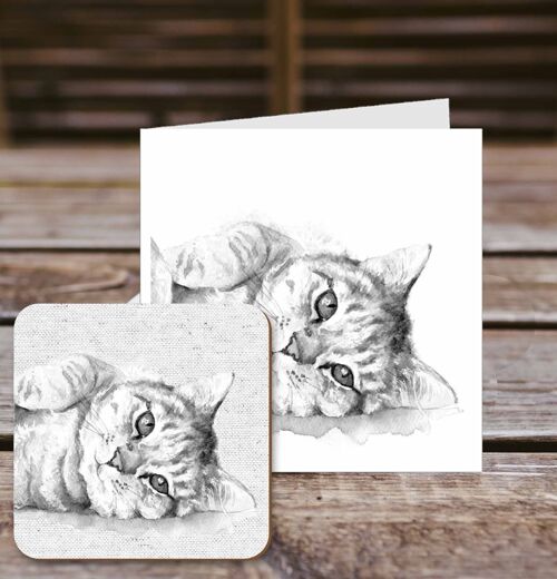 Coaster greetings card, Purdy, Tabby Cat, 100% Recycled greetings card with quality gloss drinks coaster.